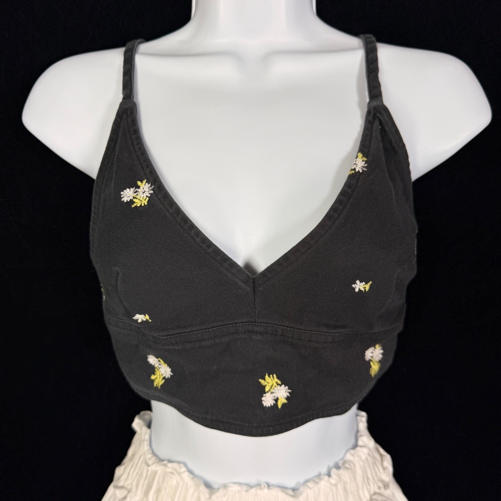 Urban Outfitters Black Bralette Denim Style Embroidered Cotton Twill Medium